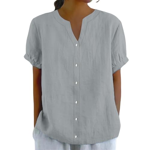 Poamen Leinenbluse Damen V-Ausschnitt Musselin Bluse Leinen Baumwolle Hemd Oberteile mit Knopfleiste Kurzarm Lose Hemdbluse Blusenshirt Lässiges Leinenhemd Tunika Tops Große Größen (Grey, XXXL) von Poamen