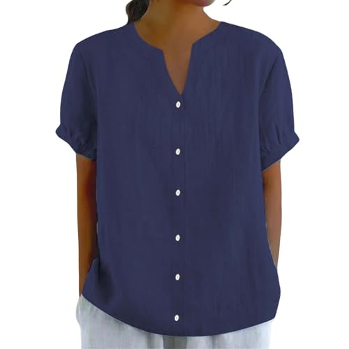 Poamen Leinenbluse Damen V-Ausschnitt Musselin Bluse Leinen Baumwolle Hemd Oberteile mit Knopfleiste Kurzarm Lose Hemdbluse Blusenshirt Lässiges Leinenhemd Tunika Tops Große Größen (Navy, XL) von Poamen