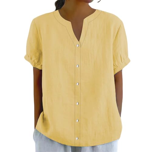 Poamen Leinenbluse Damen V-Ausschnitt Musselin Bluse Leinen Baumwolle Hemd Oberteile mit Knopfleiste Kurzarm Lose Hemdbluse Blusenshirt Lässiges Leinenhemd Tunika Tops Große Größen (Yellow, XXXL) von Poamen