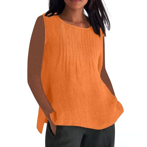 Poamen Musselin Bluse Damen Einfarbig T-Shirt Pleated Front Tshirt Rundhals Lockere Oberteile mit Seitenschlitz Halbe Ärmel Pullover S-5XL Blusentop Lässige Sommertops Strandshirt (Orange, XXXXL) von Poamen