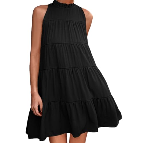 Poamen Sommerkleid Damen Große Größen S-5Xl Schick Leicht Luftig Curvy Freizeitkleid Einfarbig Strandkleid Minikleid Ärmellos Festlich Neckholder Sommerkleider Damen Leicht und Luftig (Black, XXXXXL) von Poamen