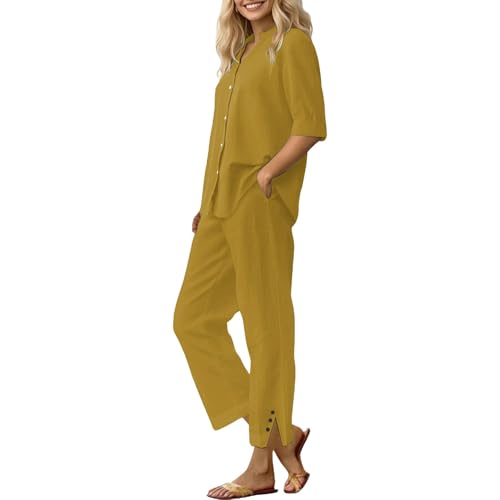 Poamen Zweiteiler Damen Musselin Bluse und Lange Weite Hose Leinen Set Große Größen Leinenanzug mit Einfarbig Outfit Set Hausanzug Kuschelig 2 Teiler Hosenanzug Elegant 2 teilig (Gold, XXL) von Poamen