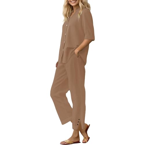 Poamen Zweiteiler Damen Musselin Bluse und Lange Weite Hose Leinen Set Große Größen Leinenanzug mit Einfarbig Outfit Set Hausanzug Kuschelig 2 Teiler Hosenanzug Elegant 2 teilig (Khaki, XXL) von Poamen