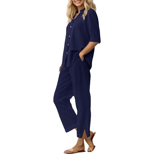 Poamen Zweiteiler Damen Musselin Bluse und Lange Weite Hose Leinen Set Große Größen Leinenanzug mit Einfarbig Outfit Set Hausanzug Kuschelig 2 Teiler Hosenanzug Elegant 2 teilig (Navy, L) von Poamen