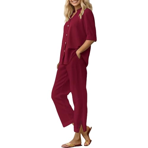 Poamen Zweiteiler Damen Musselin Bluse und Lange Weite Hose Leinen Set Große Größen Leinenanzug mit Einfarbig Outfit Set Hausanzug Kuschelig 2 Teiler Hosenanzug Elegant 2 teilig (Wine, XXXXXL) von Poamen
