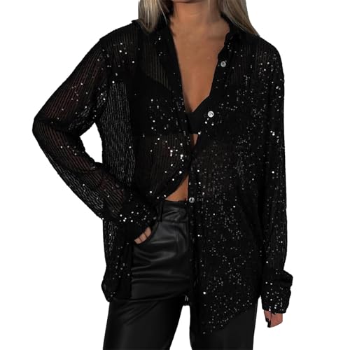 Poamen befristetes Angebot Heute Carnaval Bluse Damen Pailletten Transparent Bluse Glitzer Oberteile Paty Cocktail Langarmshirt Tunika schwarz Damen(Schwarz,L) von Poamen