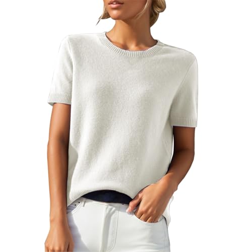 Pullunder Damen Pullover Strick Tshirt Rundhals Elegante Strickpullover Pulli Sweatshirt Einfarbig Sommershirt Sommerpullover Leicht Kurzarmpullover Halbarm Shirt Pullover Damen frühling(Weiß,L) von Poamen