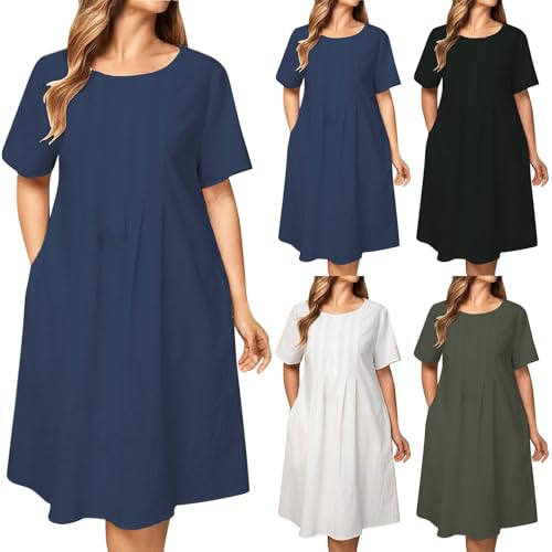 Sommerkleid Damen Knielang Baumwolle Leinen Kleider Lässig Locker V-Ausschnitt Strandkleider Einfarbig Midikleid Kurzarm A-Linie Swing Urlaubs Kleid Freizeitkleid mit Taschen(Blue, XL) von Poamen