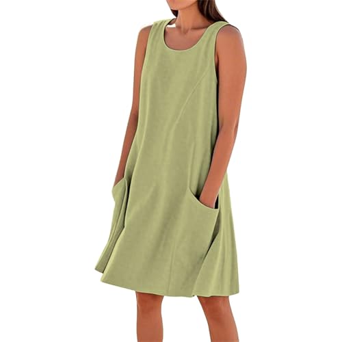 Sommerkleid Damen Leicht und Luftig Leinen Kleid Knielang Einfarbig Baumwolle Strandkleid Urlaubs Kleid mit Taschen U Ausschnitt Lässig Locker Swing Freizeitkleid Tshirtkleid(A1-Green, XXXL) von Poamen