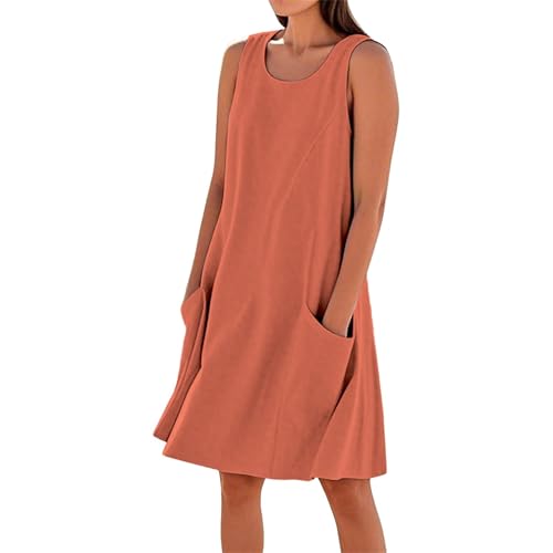 Sommerkleid Damen Leicht und Luftig Leinen Kleid Knielang Einfarbig Baumwolle Strandkleid Urlaubs Kleid mit Taschen U Ausschnitt Lässig Locker Swing Freizeitkleid Tshirtkleid(A1-Orange, XXXL) von Poamen