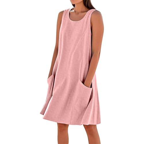 Sommerkleid Damen Leicht und Luftig Leinen Kleid Knielang Einfarbig Baumwolle Strandkleid Urlaubs Kleid mit Taschen U Ausschnitt Lässig Locker Swing Freizeitkleid Tshirtkleid(A1-Pink, XXL) von Poamen