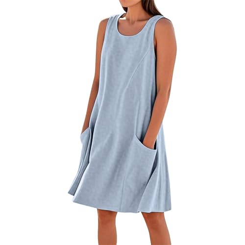 Sommerkleid Damen Leicht und Luftig Leinen Kleid Knielang Einfarbig Baumwolle Strandkleid Urlaubs Kleid mit Taschen U Ausschnitt Lässig Locker Swing Freizeitkleid Tshirtkleid(A1-Sky Blue, L) von Poamen