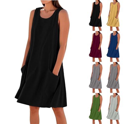 Sommerkleid Damen Leicht und Luftig Leinen Kleid Knielang Einfarbig Baumwolle Strandkleid Urlaubs Kleid mit Taschen U Ausschnitt Lässig Locker Swing Freizeitkleid Tshirtkleid(A2-Black, XXL) von Poamen