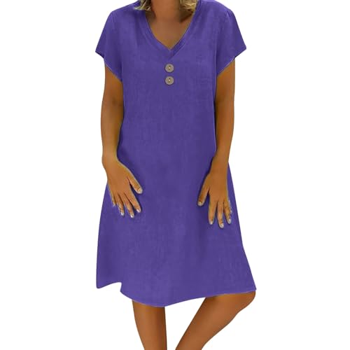 Sommerkleid Damen Leinen Kleider Leicht Große Größe S-5Xl Strandkleid Freizeitkleid Midikleid Kurzarm Knielang Baumwolle und Leinen Kleider Lässig Locker V Ausschnitt (Dark Blue, XXXL) von Poamen