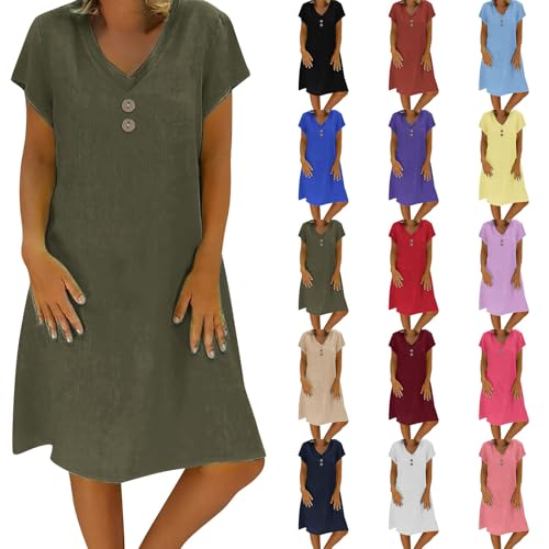 Sommerkleid Damen Leinen Kleider Leicht Große Größe S-5Xl Strandkleid Freizeitkleid Midikleid Kurzarm Knielang Baumwolle und Leinen Kleider Lässig Locker V Ausschnitt (Green, XXXXXL) von Poamen