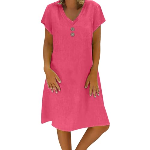 Sommerkleid Damen Leinen Kleider Leicht Große Größe S-5Xl Strandkleid Freizeitkleid Midikleid Kurzarm Knielang Baumwolle und Leinen Kleider Lässig Locker V Ausschnitt (Hot Pink, XXXXXL) von Poamen