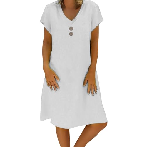 Sommerkleid Damen Leinen Kleider Leicht Große Größe S-5Xl Strandkleid Freizeitkleid Midikleid Kurzarm Knielang Baumwolle und Leinen Kleider Lässig Locker V Ausschnitt (White, XXXXXL) von Poamen