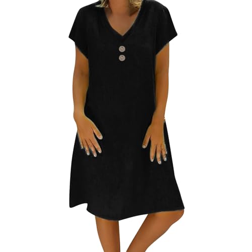 Sommerkleid Damen Leinen Kleider Leicht Große Größe S-5Xl Strandkleid Freizeitkleid Midikleid Kurzarm Knielang Baumwolle und Leinen Kleider Lässig Locker V Ausschnitt Blusenkleid (Black, XXL) von Poamen