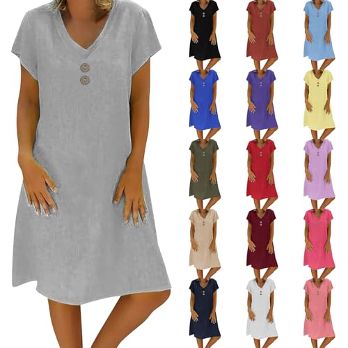 Sommerkleid Damen Leinen Kleider Leicht Große Größe S-5Xl Strandkleid Freizeitkleid Midikleid Kurzarm Knielang Baumwolle und Leinen Kleider Lässig Locker V Ausschnitt Blusenkleid (Grey, M) von Poamen