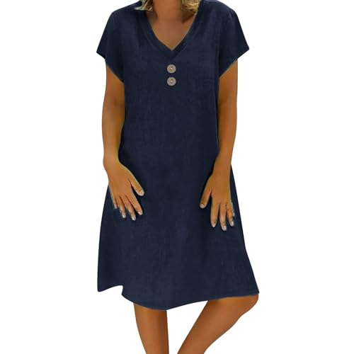 Sommerkleid Damen Leinen Kleider Leicht Große Größe S-5Xl Strandkleid Freizeitkleid Midikleid Kurzarm Knielang Baumwolle und Leinen Kleider Lässig Locker V Ausschnitt Blusenkleid (Navy, XXXXL) von Poamen