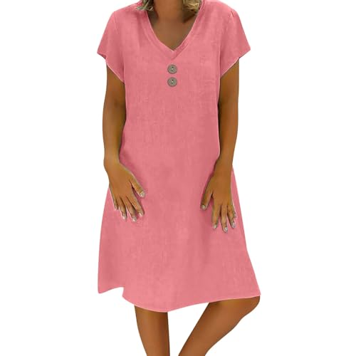 Sommerkleid Damen Leinen Kleider Leicht Große Größe S-5Xl Strandkleid Freizeitkleid Midikleid Kurzarm Knielang Baumwolle und Leinen Kleider Lässig Locker V Ausschnitt Blusenkleid (Pink, XXL) von Poamen