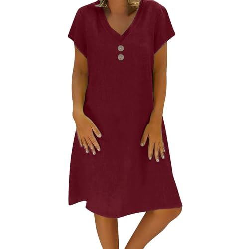 Sommerkleid Damen Leinen Kleider Leicht Große Größe S-5Xl Strandkleid Freizeitkleid Midikleid Kurzarm Knielang Baumwolle und Leinen Kleider Lässig Locker V Ausschnitt Blusenkleid (Wine, XXXXL) von Poamen