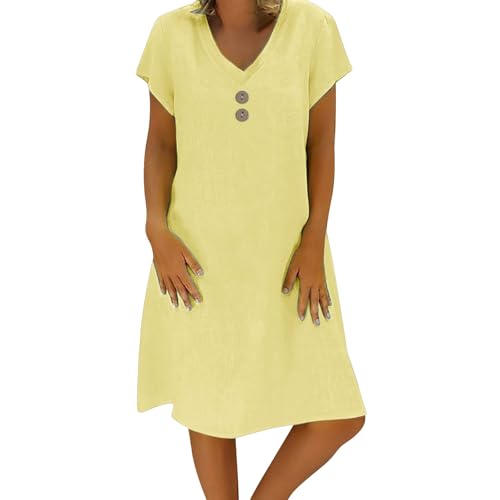 Sommerkleid Damen Leinen Kleider Leicht Große Größe S-5Xl Strandkleid Freizeitkleid Midikleid Kurzarm Knielang Baumwolle und Leinen Kleider Lässig Locker V Ausschnitt Blusenkleid (Yellow, XXL) von Poamen