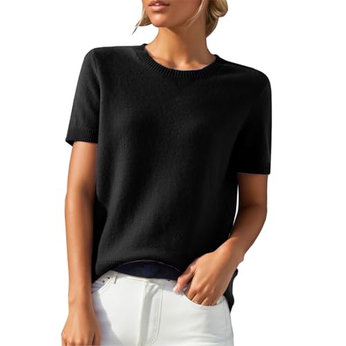 Strickpulli Damen Pullover Kurzarm Strick Tshirt Rundhals Elegante Strickpullover Pulli Sweatshirt Einfarbig Sommershirt Sommerpullover Leicht Kurzarmpullover Halbarm Shirt Feinstrickpullover Damen von Poamen