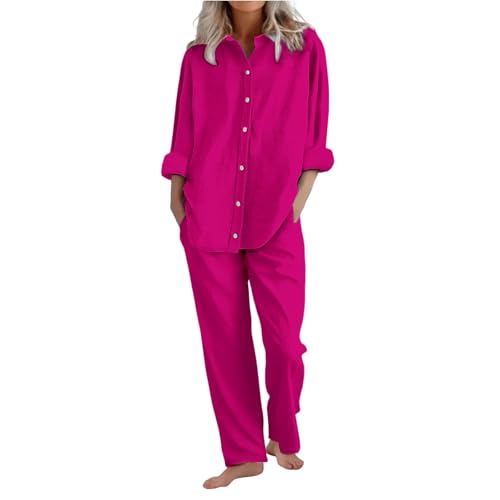 Zweiteiler Damen Plissee Outfit Baumwolle Leinen 2 Teiler Set Weite Hose + Button Kleidung Elegant Anzug Trainingsanzüge Langarm Hausanzug Hosenanzug Down Langarmshirt (Hot Pink, XXL) von Poamen