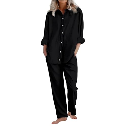 Zweiteiler Damen Plissee Outfit Baumwolle Leinen 2 Teiler Set Weite Hose + Button Kleidung Elegant Anzug Trainingsanzüge Langarm Hausanzug Hosenanzug Down Langarmshirt Loungewear (Black, XXL) von Poamen