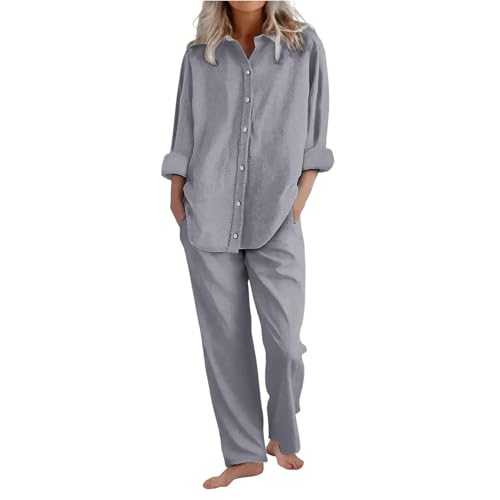 Zweiteiler Damen Plissee Outfit Baumwolle Leinen 2 Teiler Set Weite Hose + Button Kleidung Elegant Anzug Trainingsanzüge Langarm Hausanzug Hosenanzug Down Langarmshirt Loungewear (Dark Gray, L) von Poamen