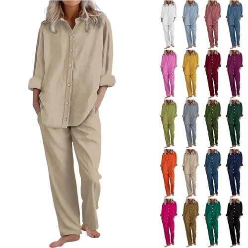 Zweiteiler Damen Plissee Outfit Baumwolle Leinen 2 Teiler Set Weite Hose + Button Kleidung Elegant Anzug Trainingsanzüge Langarm Hausanzug Hosenanzug Down Langarmshirt Loungewear (Khaki, XL) von Poamen