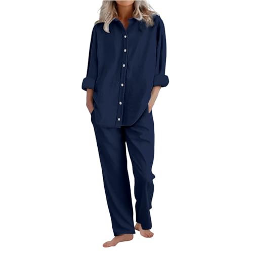 Zweiteiler Damen Plissee Outfit Baumwolle Leinen 2 Teiler Set Weite Hose + Button Kleidung Elegant Anzug Trainingsanzüge Langarm Hausanzug Hosenanzug Down Langarmshirt Loungewear (Navy, XXXL) von Poamen