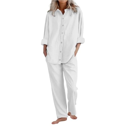 Zweiteiler Damen Plissee Outfit Baumwolle Leinen 2 Teiler Set Weite Hose + Button Kleidung Elegant Anzug Trainingsanzüge Langarm Hausanzug Hosenanzug Down Langarmshirt Loungewear (White, XL) von Poamen