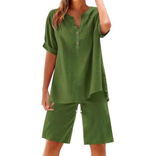 Zweiteiliger Damen Kurzarm Tshirt + Kurze Hose Mit Baumwolle Und Leinen Musselin Set 2 Teiliges Outfit Lockere Atmungsaktive Pyjama Sommeroutfit Leicht Luftig Große Größen (Mint Green, XXXXXL) von Poamen
