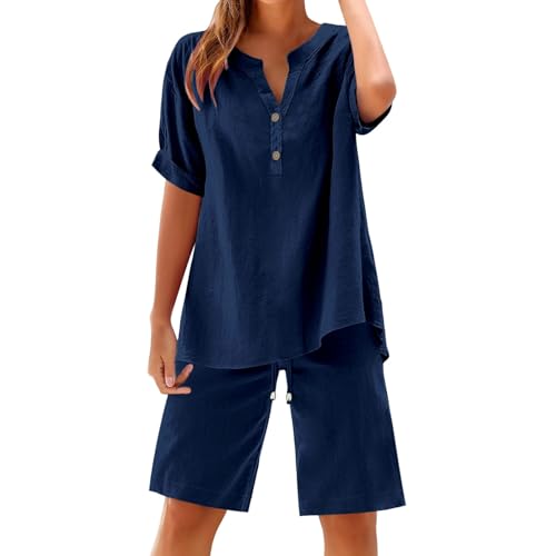 Zweiteiliger Damen Kurzarm Tshirt + Kurze Hose Mit Tasche Baumwolle Und Leinen Musselin Set 2 Teiliges Outfit Lockere Atmungsaktive Pyjama Sommeroutfit Leicht Luftig Große Größen S-5XL (Navy, XXXXL) von Poamen