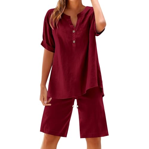 Zweiteiliger Damen Kurzarm Tshirt + Kurze Hose Mit Tasche Baumwolle Und Leinen Musselin Set 2 Teiliges Outfit Lockere Atmungsaktive Pyjama Sommeroutfit Leicht Luftig Große Größen S-5XL (Wine, XXXXL) von Poamen