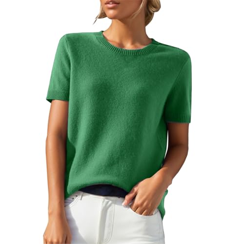 kurzarmpullover damen Pullover Strick Tshirt Rundhals Elegante Strickpullover Pulli Sweatshirt Einfarbig Sommershirt Sommerpullover Leicht Kurzarmpullover Halbarm Shirt leichter pullover damen(Grün,M) von Poamen