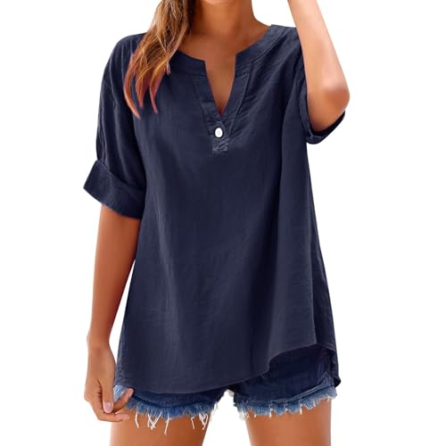 musselin Bluse Damen Oversized Blusen Tuniken für Damen Kurzarm Baumwolle Leinen Leinenhemd Basic T-Shirt Musselin Bluse Damen Große Größen Bluse musselin Damen(Marine,5XL) von Poamen