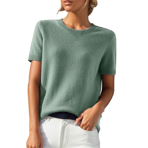 pullunder damen Pullover Kurzarm Strick Tshirt Rundhals Elegante Strickpullover Pulli Sweatshirt Einfarbig Sommershirt Sommerpullover Leicht Kurzarmpullover Halbarm Shirt pullover damen frühling (G,L) von Poamen