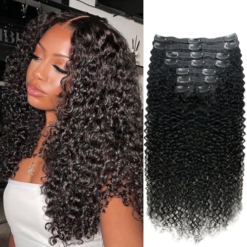 Haarverlängerungen zum Anklippen für schwarze Frauen, brasilianisches Echthaar, Clip-in-Haarverlängerungen, gelockt, mit 18 Clips, doppelter Spitzen-Schuss, 120 g, 55,9 cm, Naturschwarz, 8 Stück von Pobokix