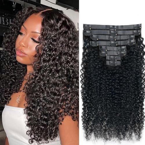 Nahtlose lockige Clip-in-Haarverlängerung, Echthaar, brasilianisches Echthaar, Clip-in-Extensions, nahtlos, Clip-Ins für schwarze Frauen, mit 18 Clips, PU-Hautschuss, 120 g, 61 cm, Naturschwarz, 8 von Pobokix