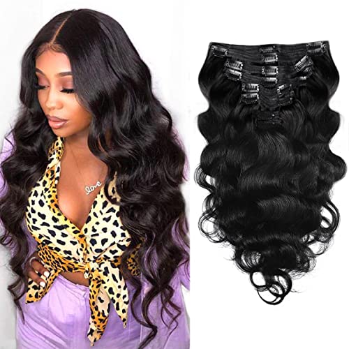 Pobokix Body Wave Brazilian Clip in Echthaar-Extensions, 8 Stück, Remy-Clip-Ins, für schwarze Frauen, mit 18 Clips, 120 g, 61 cm, Naturschwarz von Pobokix