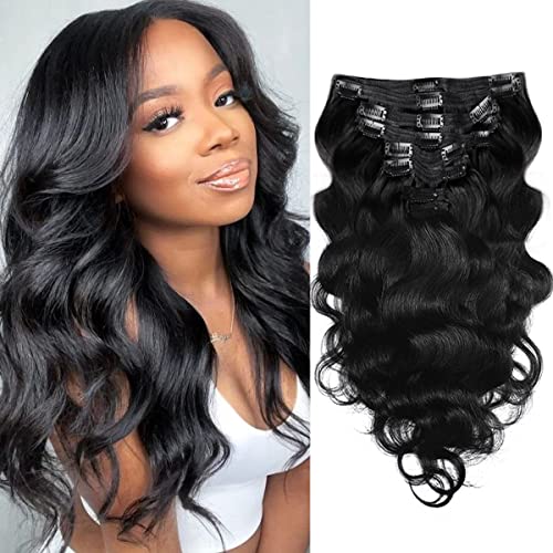 Pobokix Brasilianische Haarverlängerungen mit Clip, Körperwelle, 8 Stück, Remy-Haarverlängerungen, Clip Ins für schwarze Frauen, mit 18 Clips à 120 g (35,6 cm, Naturschwarz) #1B Nat Schwarz von Pobokix