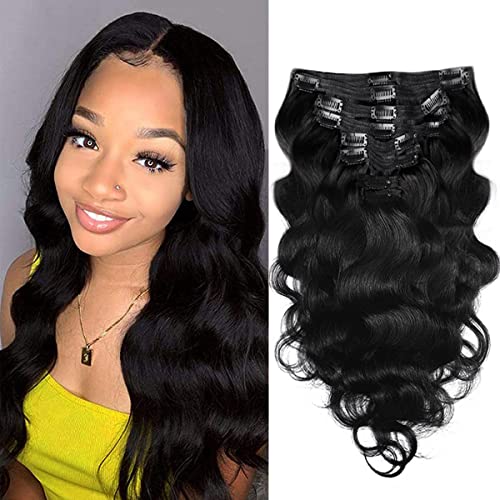 Pobokix Brasilianische Haarverlängerungen mit Clip, Körperwelle, 8 Stück, Remy-Haarverlängerungen, Clip Ins für schwarze Frauen, mit 18 Clips à 120 g (50,8 cm, Naturschwarz) #1B Nat Schwarz von Pobokix