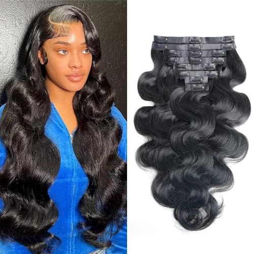 Pobokix Haarverlängerungen, nahtlos, Echthaar, Körperwelle, Clip in Extensions 8 Stück, Pu Clip Ins Remy, für Frauen, unsichtbar, Hautschuss, 18 Clips, 120 g von Pobokix