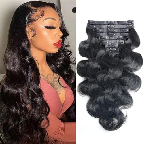 Pobokix Haarverlängerungen, nahtlos, Echthaar, Körperwelle, Clip in Extensions 8 Stück, Pu Clip Ins Remy, für Frauen, unsichtbar, Hautschuss, 18 Clips, 120 g von Pobokix