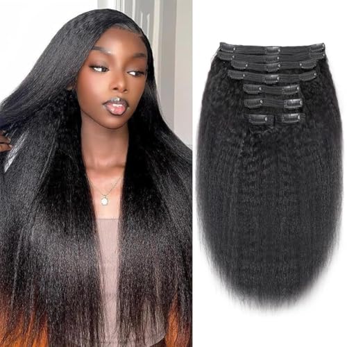 Pobokix Kinky Haarverlängerungen zum Anklippen aus Echthaar, glatt, Remy-Echthaar, Clip-in-Extensions für Damen, natürliches Echthaar, 120 g, 55,9 cm, Nr. 1B Naturschwarz, 8 Stück von Pobokix
