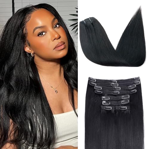 Yaki Haarverlängerungen zum Anklippen für schwarze Frauen, brasilianisches Echthaar, Remy-Haarverlängerung, Clip-in-Echthaar, mit 18 Clips, Doppelspitze, 120 g, 30,5 cm, Naturschwarz, 8 Stück von Pobokix
