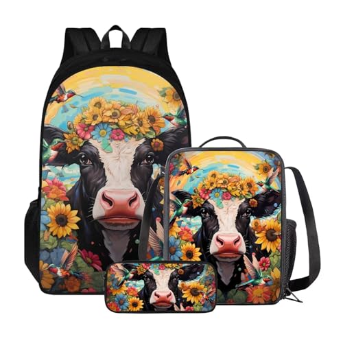 Poceacles 3-teiliges Rucksack-Set für Kinder, Schultaschen-Set mit Lunchtasche, Federmäppchen, Schüler, Büchertaschen, Mädchen und Jungen, leichter Rucksack, Kuh Sonnenblume von Poceacles